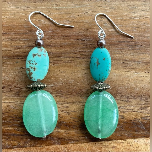 Hand-Crafted Light Green Stone Turquoise Stone Earrings with Brown Accent Beads - Picture 3 of 4